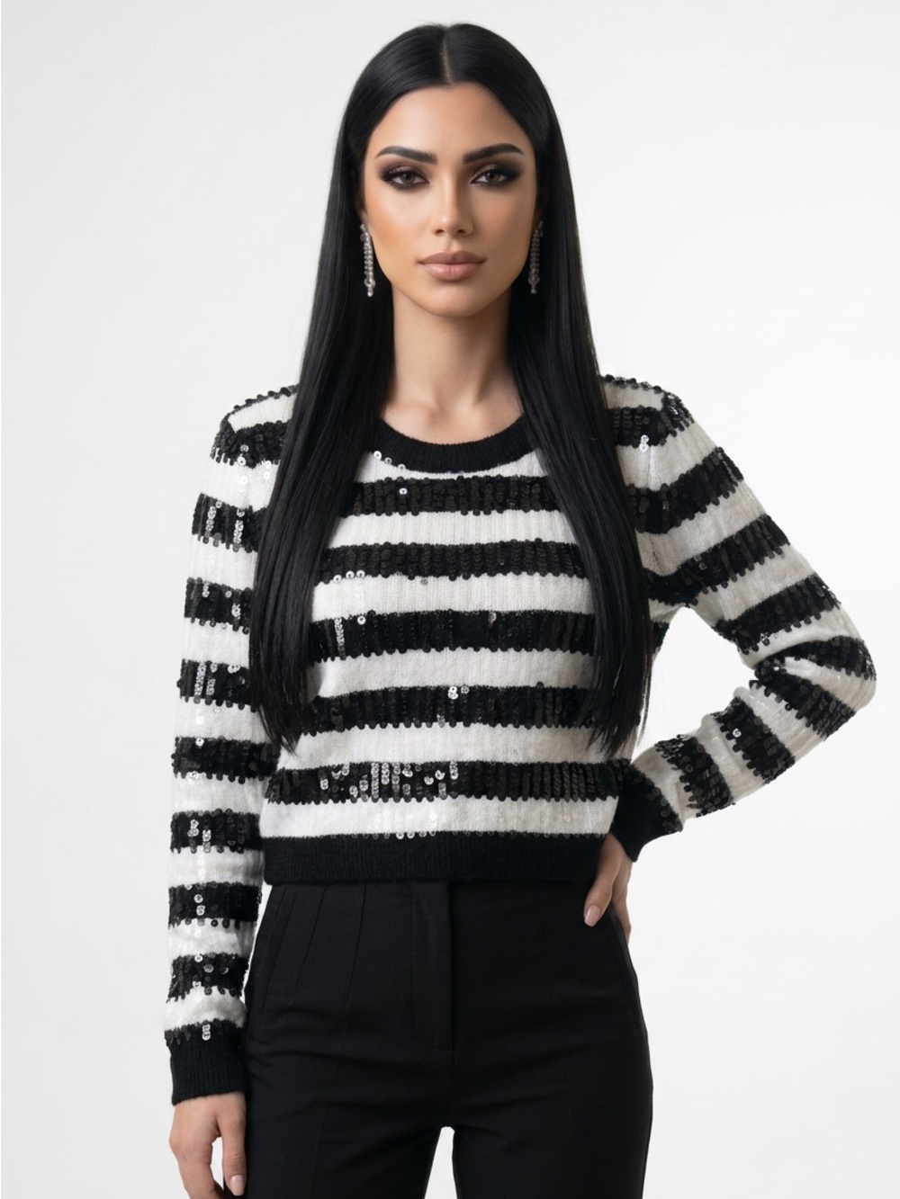 Lush Black & White Sequin Stripe Crewneck Sweater